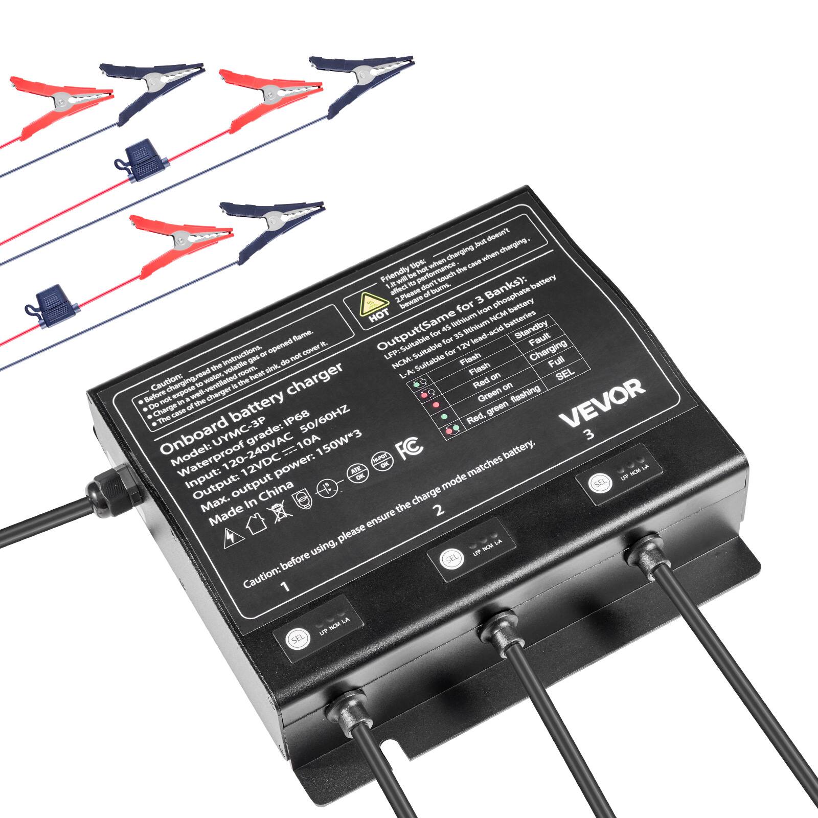 - Doesn't charging, tips: when charging case when Friendly be performance. hot the 1.it will its don't touch battery affect 2.Please beware of burns. 3 Banks): phosphate battery HOT for Iron NCM Output(Same for 45 lithium lithium batteries Standby opened flame. cover it Suitable Suitable for 35 12V lead-acid Charging Fault Instructions. or not LFP: for the volatile gas sink do NCM: Suitable Flash Flash Full water, room. heat charger L-A:  SEL Before Caution: not charging.read expose a ell-ventilated charger is the Red Green on flashing Do Charge Onboard The case of the UYMC-3P battery grade: IP68 10A 50/60HZ 150W*3 Red, green VEVOR 3 Model: Waterproof 120-240VAC 12VDC power: FC matches battery. ATE NOM Input: mode SEL UP Output: Max. output In China charge Made the ensure using, please NOW GA UP before SEL Caution: 1 LA UP NOM SEL