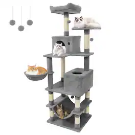 Gymax - 66'' Tall Cat Tree w/2 Condos Sisal Scratching Posts Plush Perch Hammock Basket Light Gray