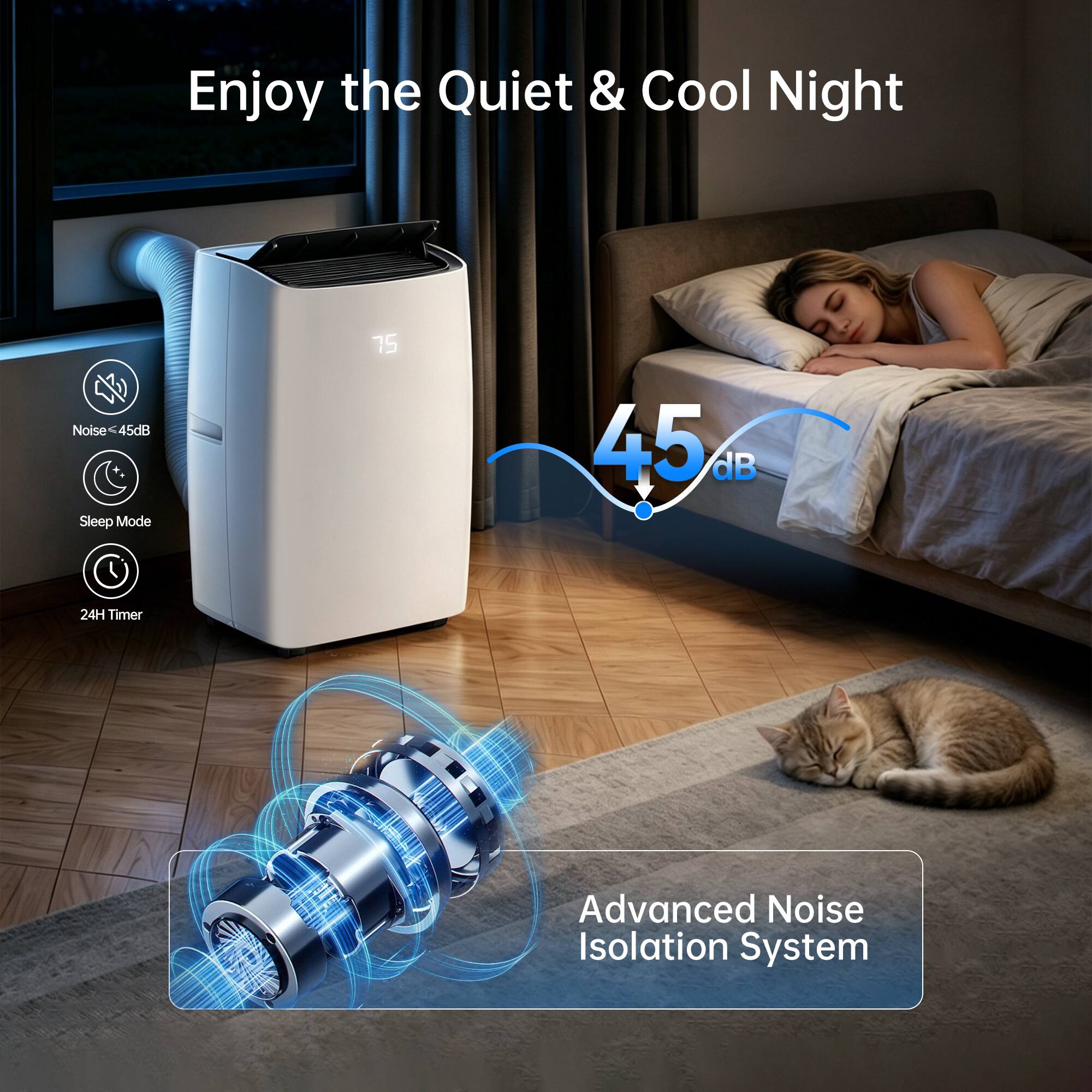 Enjoy the Quiet & Cool Night

Noise ≤ 45dB
Sleep Mode
24H Timer
Advanced Noise Isolation System