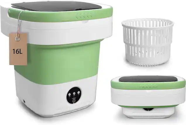 Front. GlowWise - 16L Portable Washing Machine w/Spin Basket - 3 Modes, Foldable for Apartment/Camping,Compact Laundry for Small Clothes - Green.