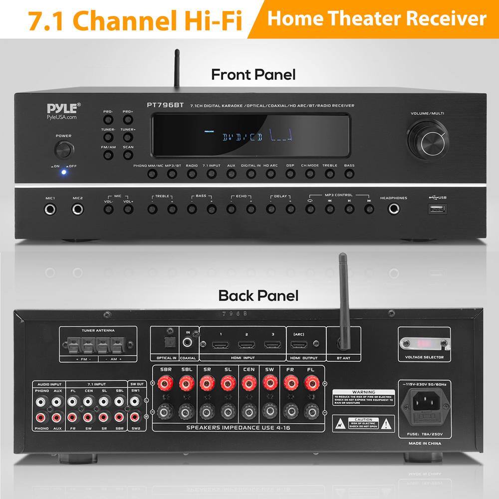 **Front Panel**

- PYLE
- PyleUSA.com
- POWER
- TUNER
- FM/AM
- SCAN
- PHONO/MM/MC/MP3/USB/RADIO
- 7.1 INPUT
- AUX
- DIGITAL
- HEADPHONES
- USB
- VOLUME/MULTI
- TUNER ANTENNA
- OPTICAL IN
- COAXIAL
- HDMI ARC
- BT ANT
- SPEAKERS IMPEDANCE USE 4-16
- MADE IN CHINA

**Back Panel**

- TUNER ANTENNA
- OPTICAL IN
- COAXIAL
- HDMI IN
- HDMI OUTPUT
- SBL
- SL
- CEN
- SW
- FL
- FR
- BT ANT
- AUDIO INPUT
- PHONO AUX
- FL
- CEN
- SL
- SBL
- SW
- FR
- FL
- SW
- SBL
- SW2
- SPEAKERS IMPEDANCE USE 4-16
- VOLTAGE SELECTOR
- -115V~230V 50/60Hz
