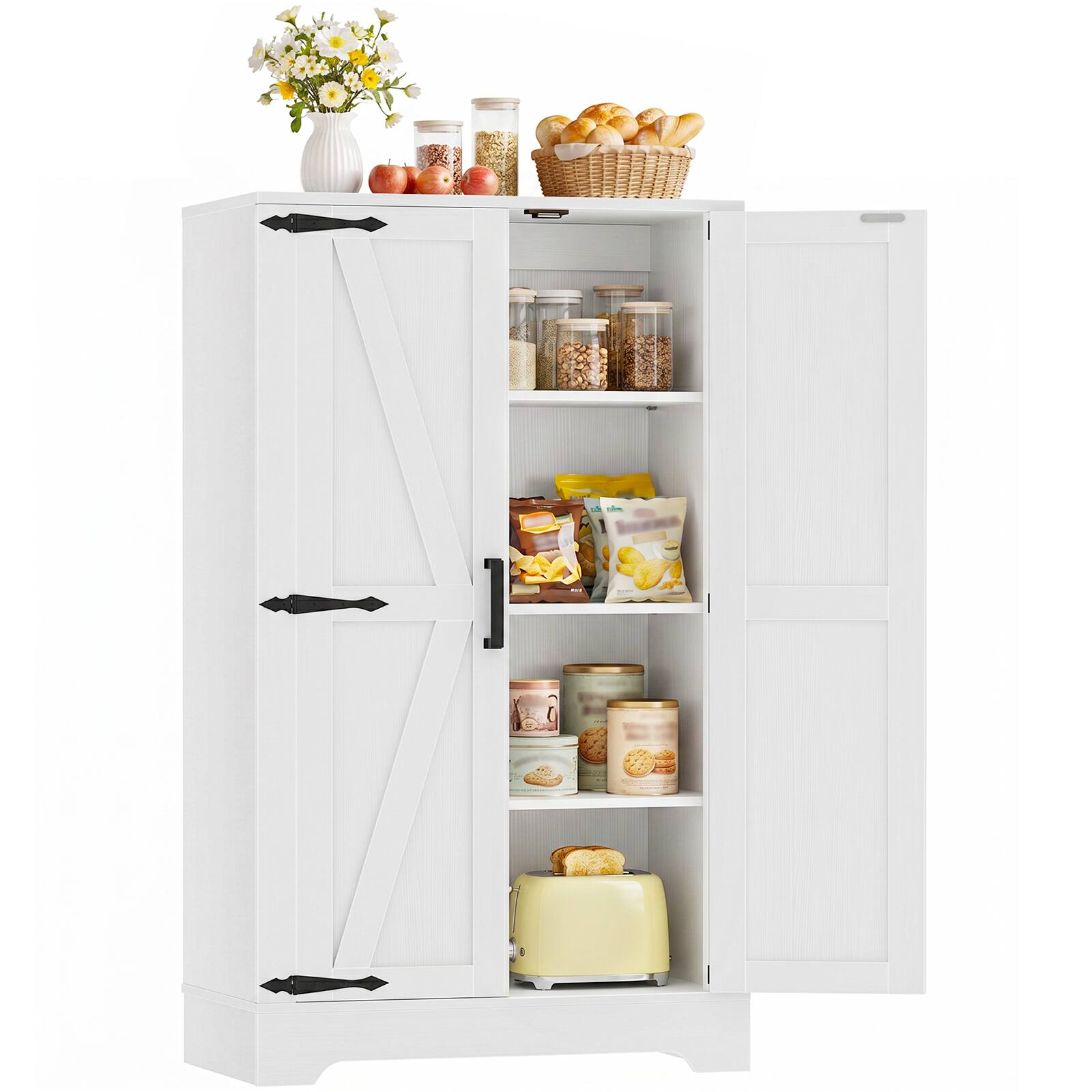 Angle. Aheaplus - 43.3'' Tall Small Farmhouse Pantry Cabinet with 3 Adjustable Shelves, 2 Door Pantry for Dining Room. Kitchen - White.