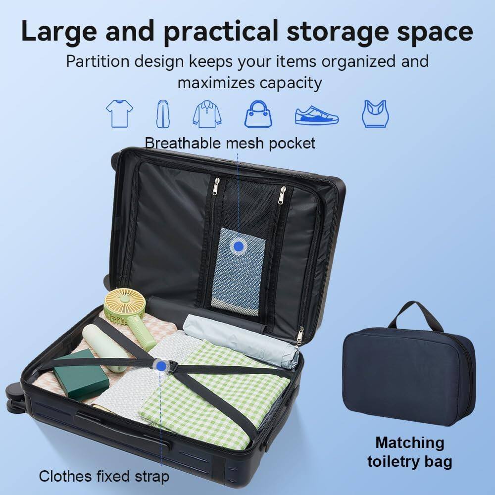 Large and practical storage space  
Partition design keeps your items organized and maximizes capacity  
Breathable mesh pocket  
Clothes fixed strap  
Matching toiletry bag