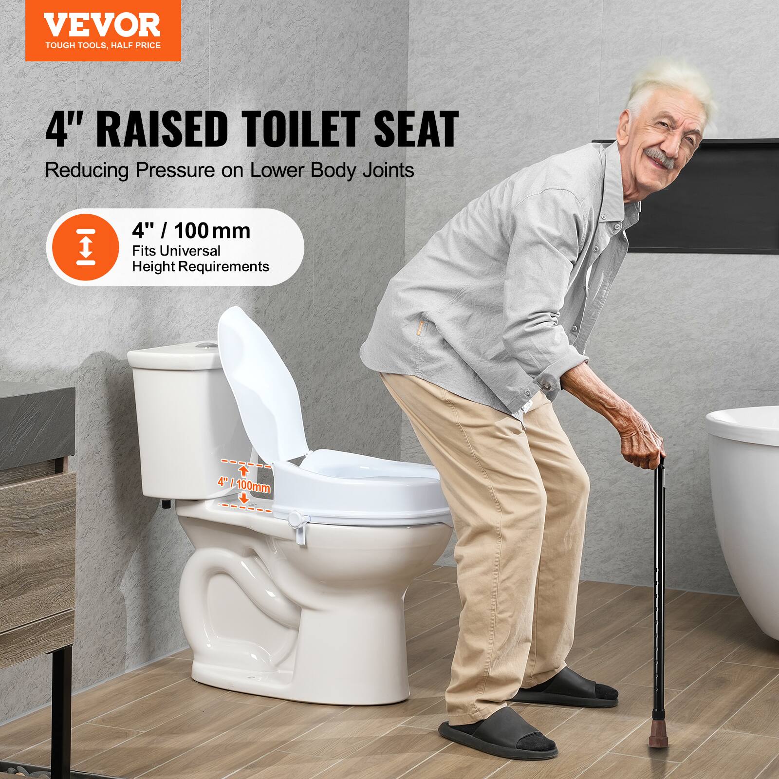 VEVOR TOUGH TOOLS. HALF PRICE, 4" RAISED TOILET SEAT, Reducing Pressure on Lower Body Joints, 4" / 100 mm, Fits Universal Height Requirements, 4" / 100mm