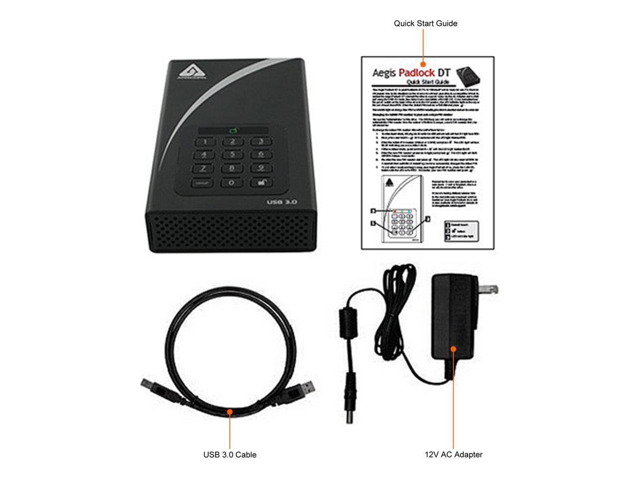 Quick Start Guide  
Aegis Padlock DT  

1. Quick Start Guide  
2. USB 3.0 Cable  
3. 12V AC Adapter