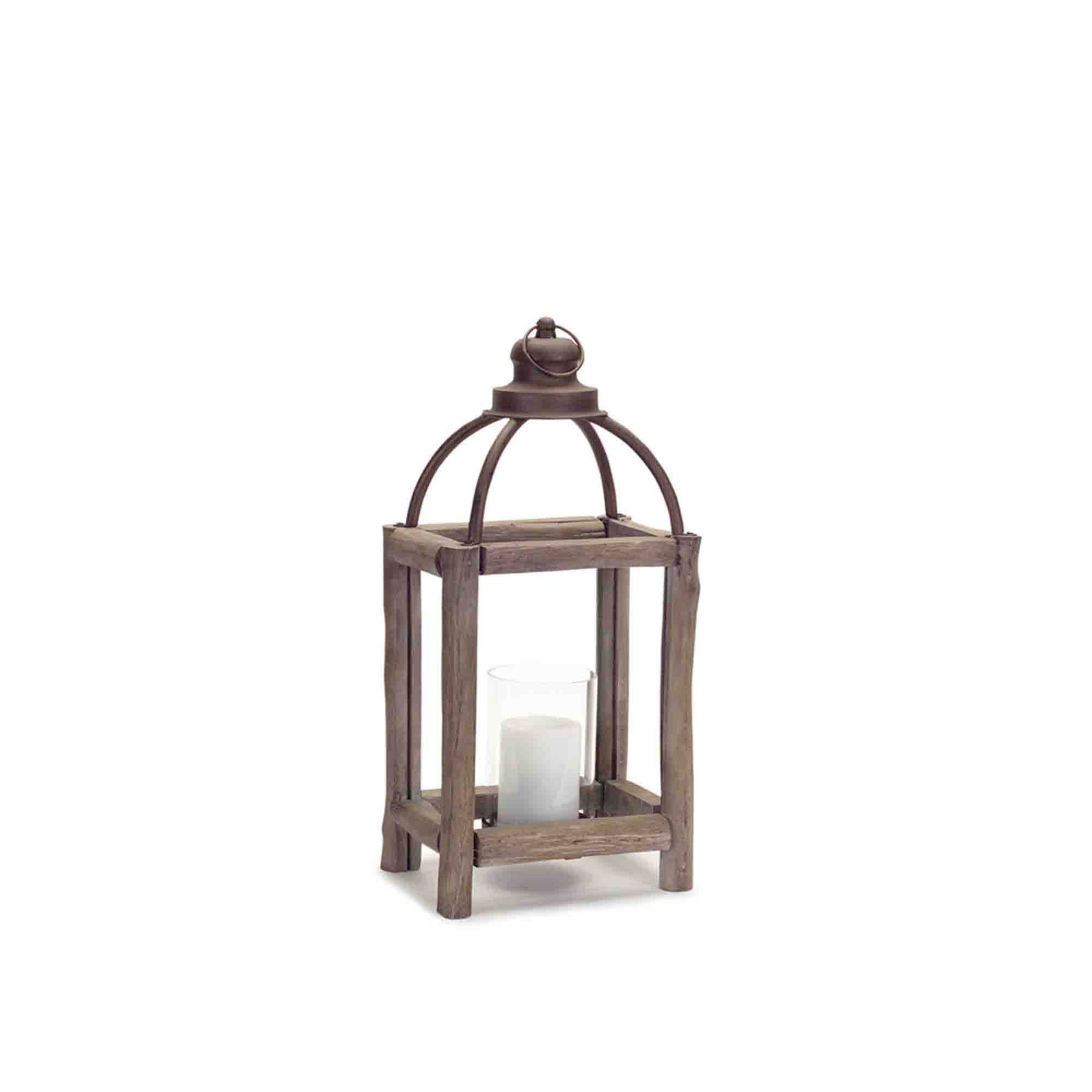 Alt View 2. BreeBe - Rustic Wood Log and Antique Metal Lantern with Glass Hurricane (Set of 2) - Natural, Grey.