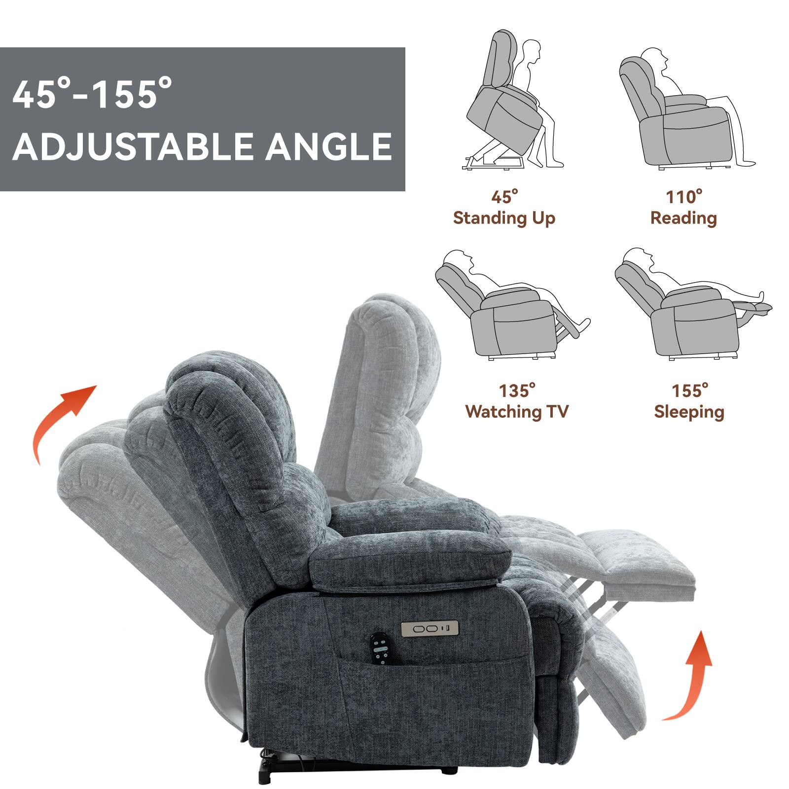 45°-155°  
ADJUSTABLE ANGLE  

45° Standing Up  
110° Reading  
135° Watching TV  
155° Sleeping