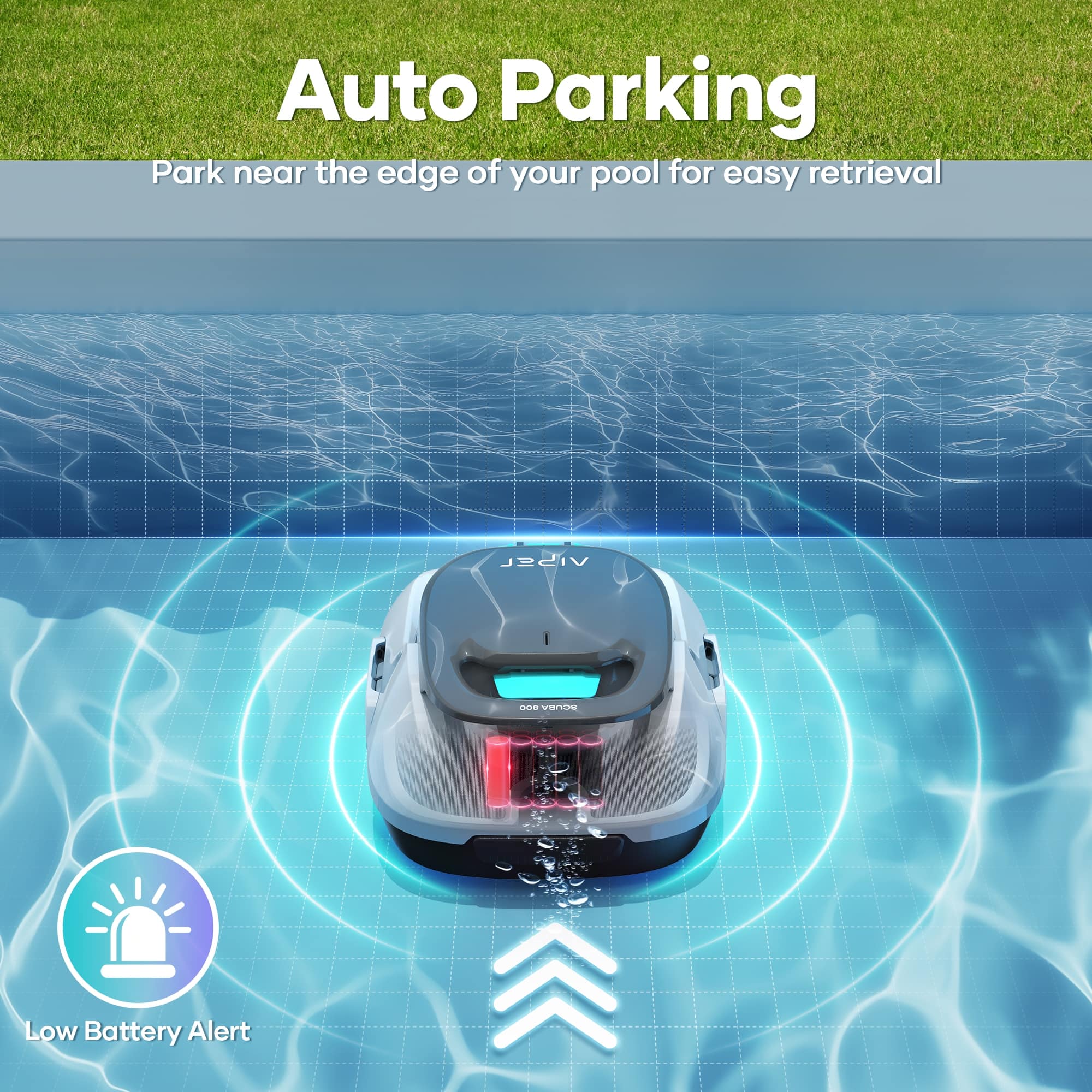 Auto Parking: Park near the edge of your pool for easy retrieval. VISSL SCUBA: Low Battery Alert.