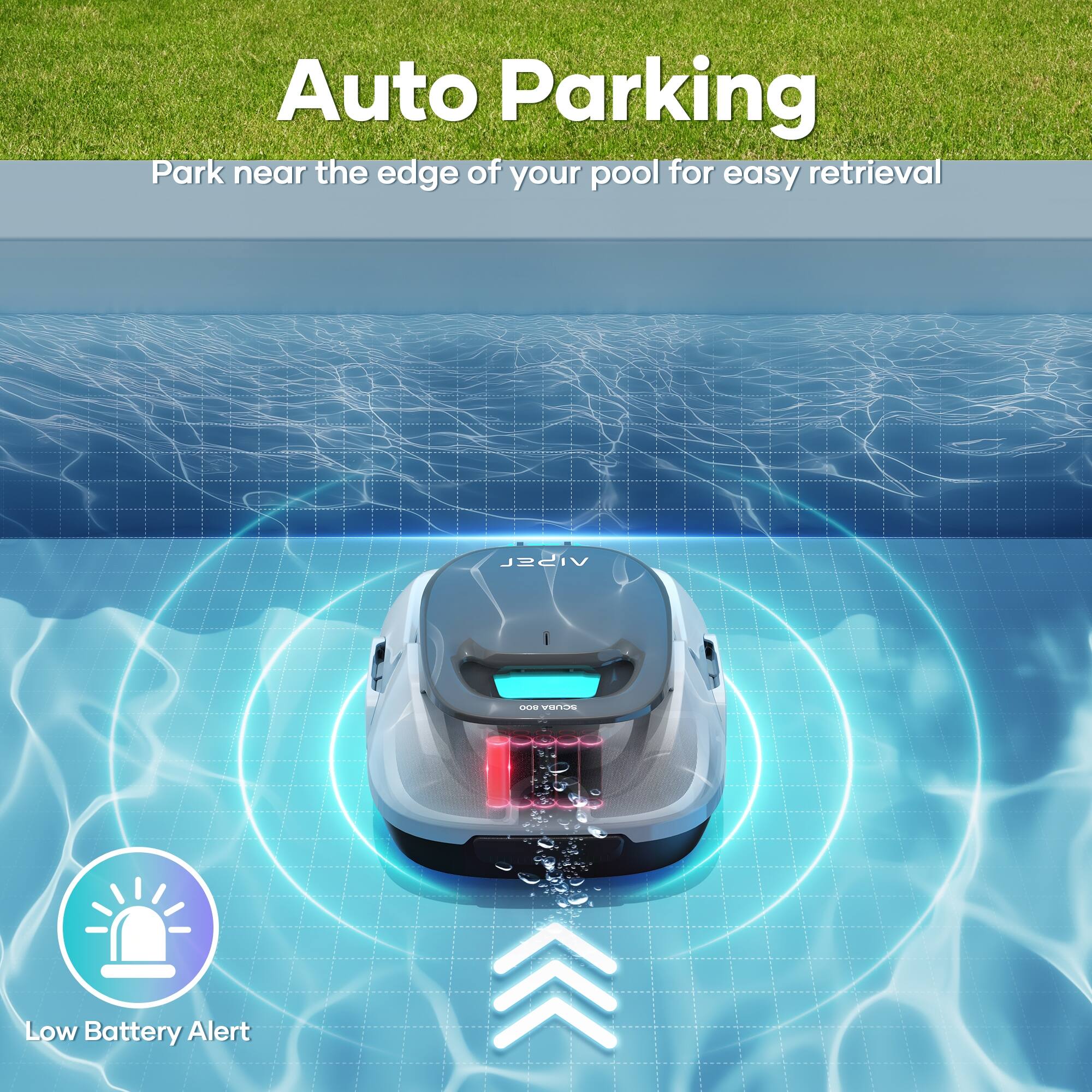 Auto Parking: Park near the edge of your pool for easy retrieval. VISSL SCUBA: Low Battery Alert.
