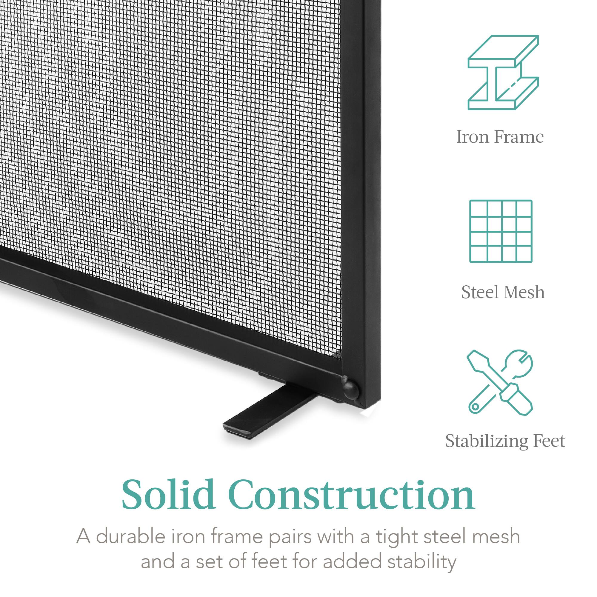 The text can be grouped and corrected as follows:

**Solid Construction**

A durable iron frame pairs with a tight steel mesh and a set of feet for added stability.

- **Iron Frame**
- **Steel Mesh**
- **Stabilizing Feet**