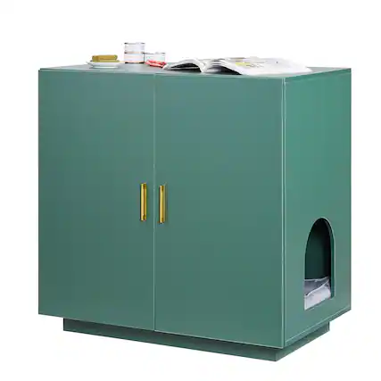 Front. VEVOR - Cat Litter Box Enclosure, 31.5 in Hidden Litter Box Cabinet,Wooden Indoor Cat Washroom with Ventilated Holes,Double-Door - Green.