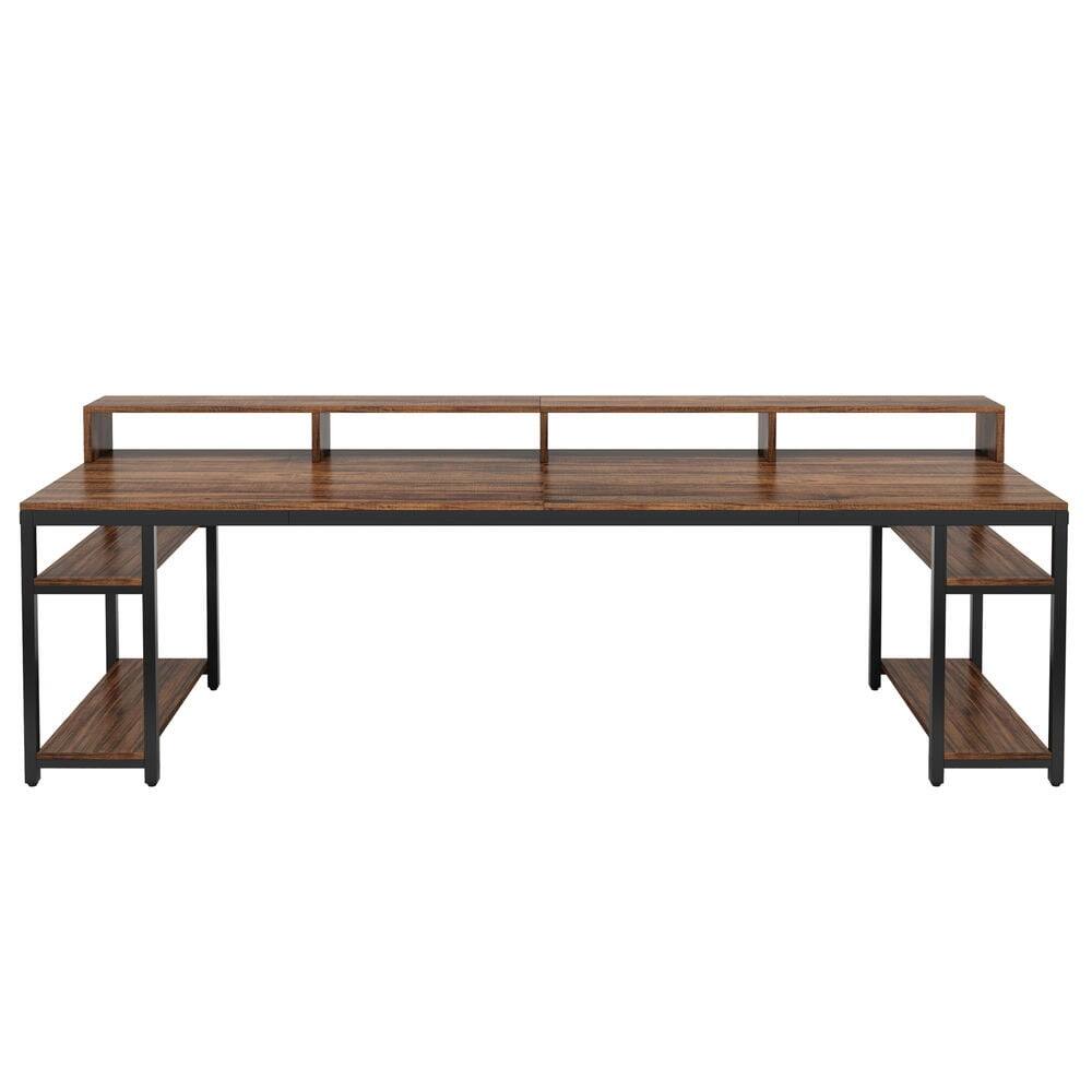 Left. Kadyn - Kadyn Study Writing Desk, 79" Two Person Computer Desk With Monitor Stand and 4 Open Shelf,Rustic Brown - Rustic Brown.