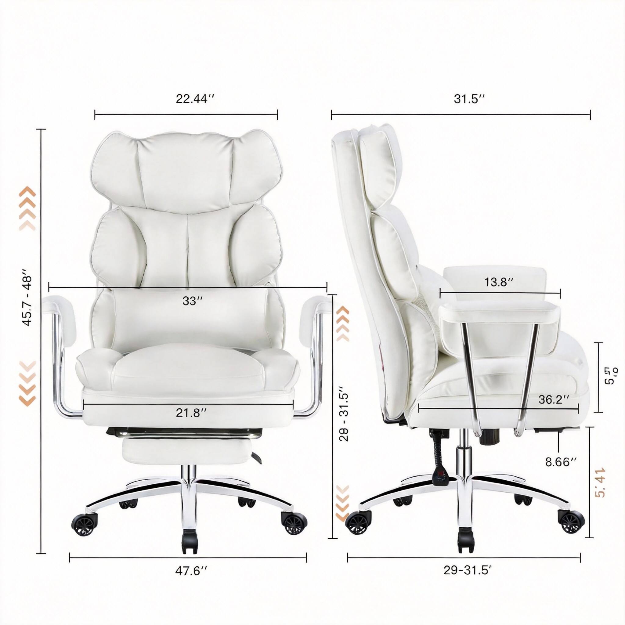 22.44"  
31.5"  
45.7 - 48"  
33"  
13.8"  
21.8"  
28 - 31.5"  
29  
36.2"  
8.66"  
69  
5  
5:41  
47.6"  
29-31.5"