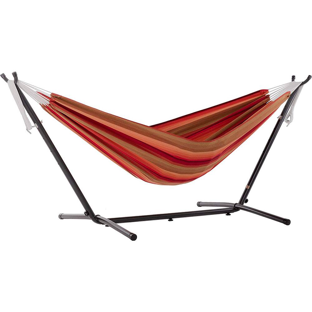 Front. Vivere - Vivere Brazilian Style Sunbrella Double Hammock with Steel Stand Combo, Sunset - Orange.