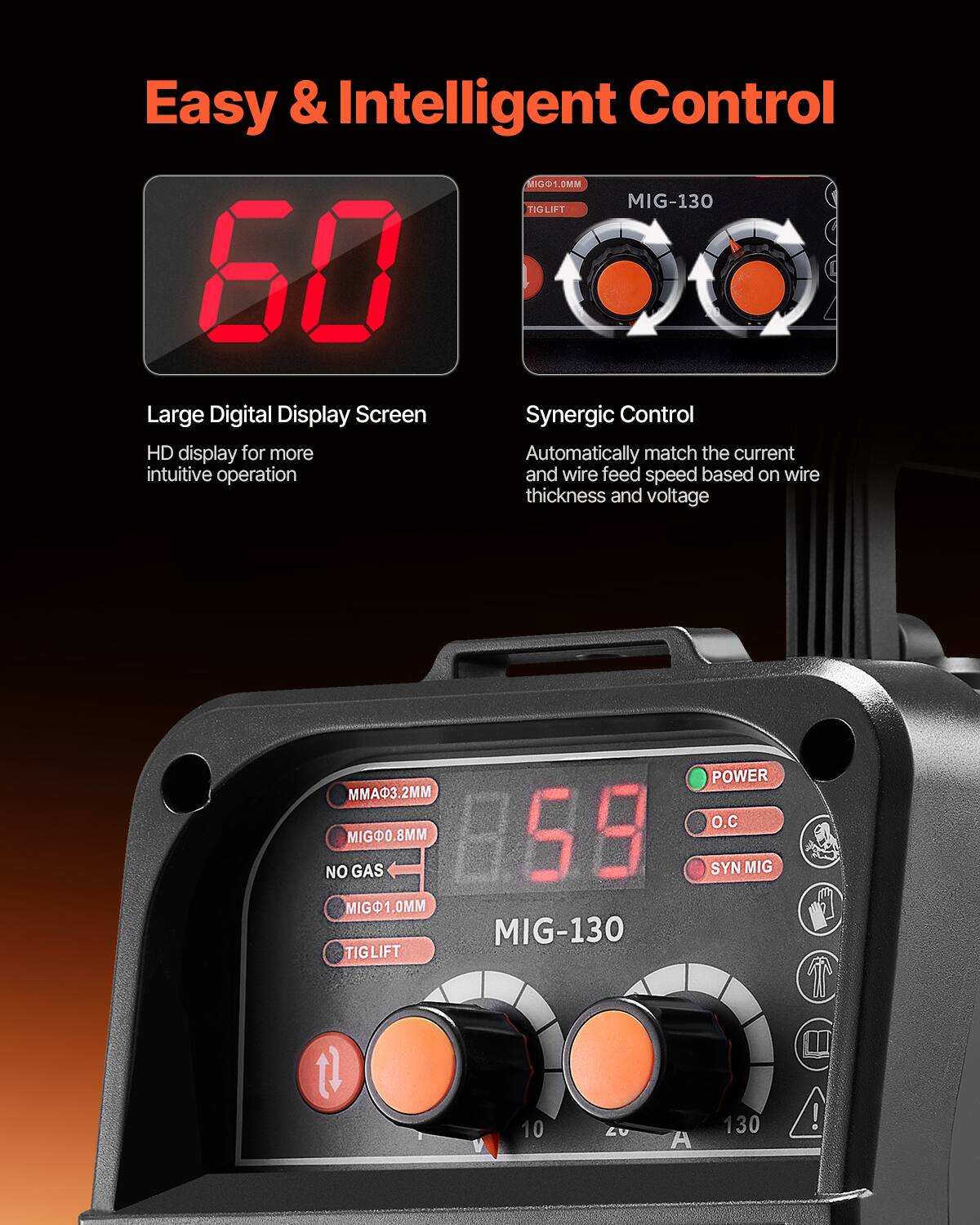 Easy & Intelligent Control

MIG-130

Large Digital Display Screen
HD display for more intuitive operation

Synergic Control
Automatically match the current and wire feed speed based on wire thickness and voltage

POWER 3.2M O.C
NO GAS
MIG0.8M
MIG1.0MM
SYN MIG
MIG-130
TIGLIFT V 10 A 130