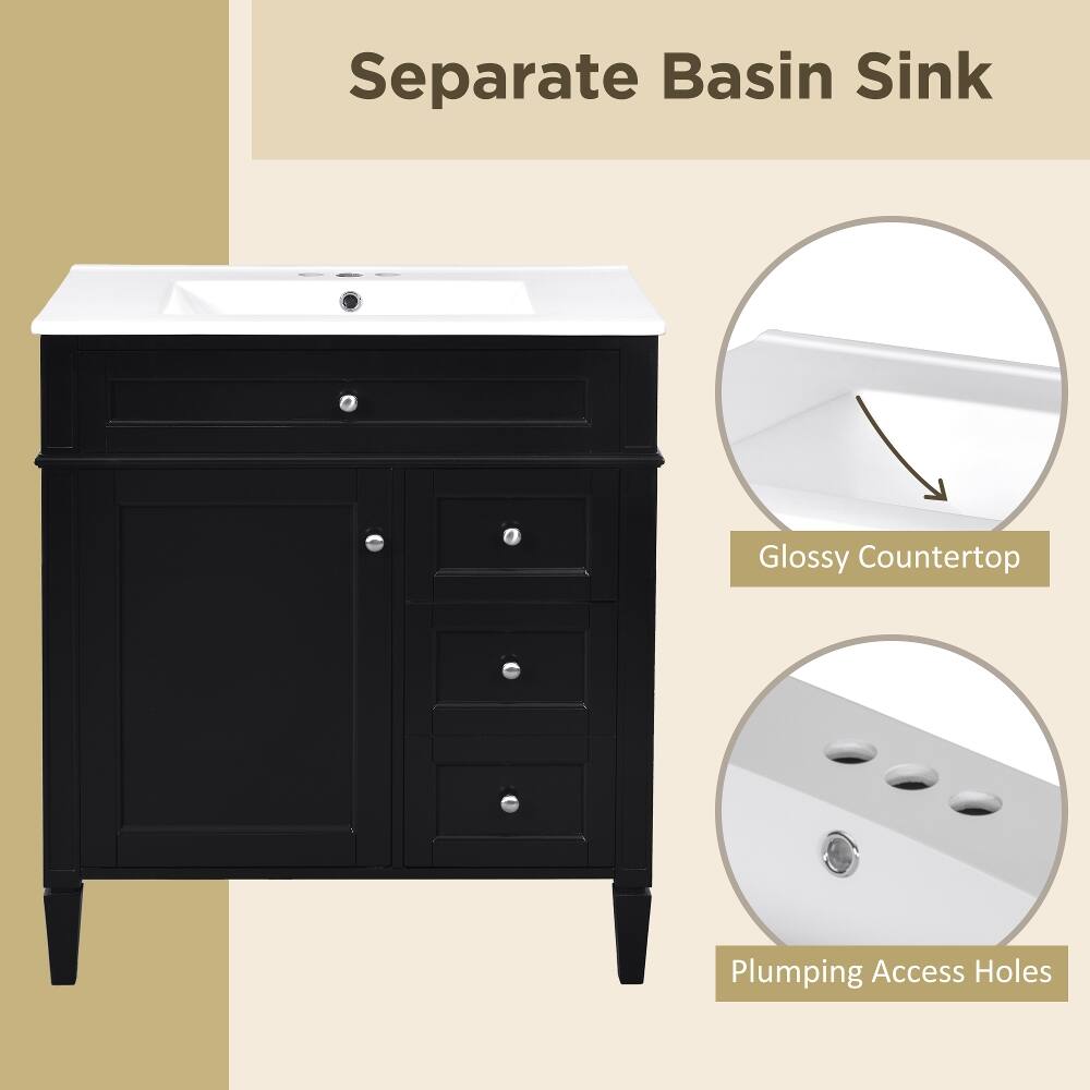 Separate Basin Sink  
Glossy Countertop  
Plumbing Access Holes