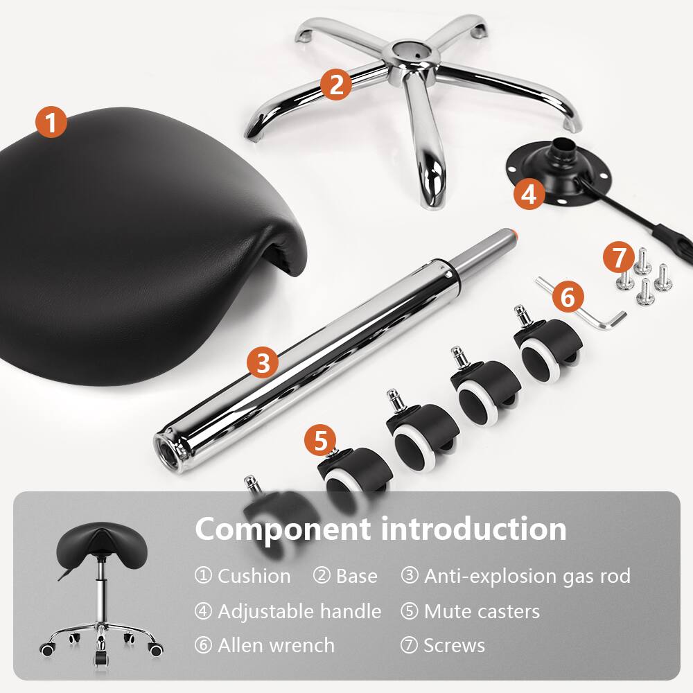 1. Cushion  
2. Base  
3. Anti-explosion gas rod  
4. Adjustable handle  
5. Mute casters  
6. Allen wrench  
7. Screws  

Component introduction  
1. Cushion  
2. Base  
3. Anti-explosion gas rod  
4. Adjustable handle  
5. Mute casters  
6. Allen wrench  
7. Screws