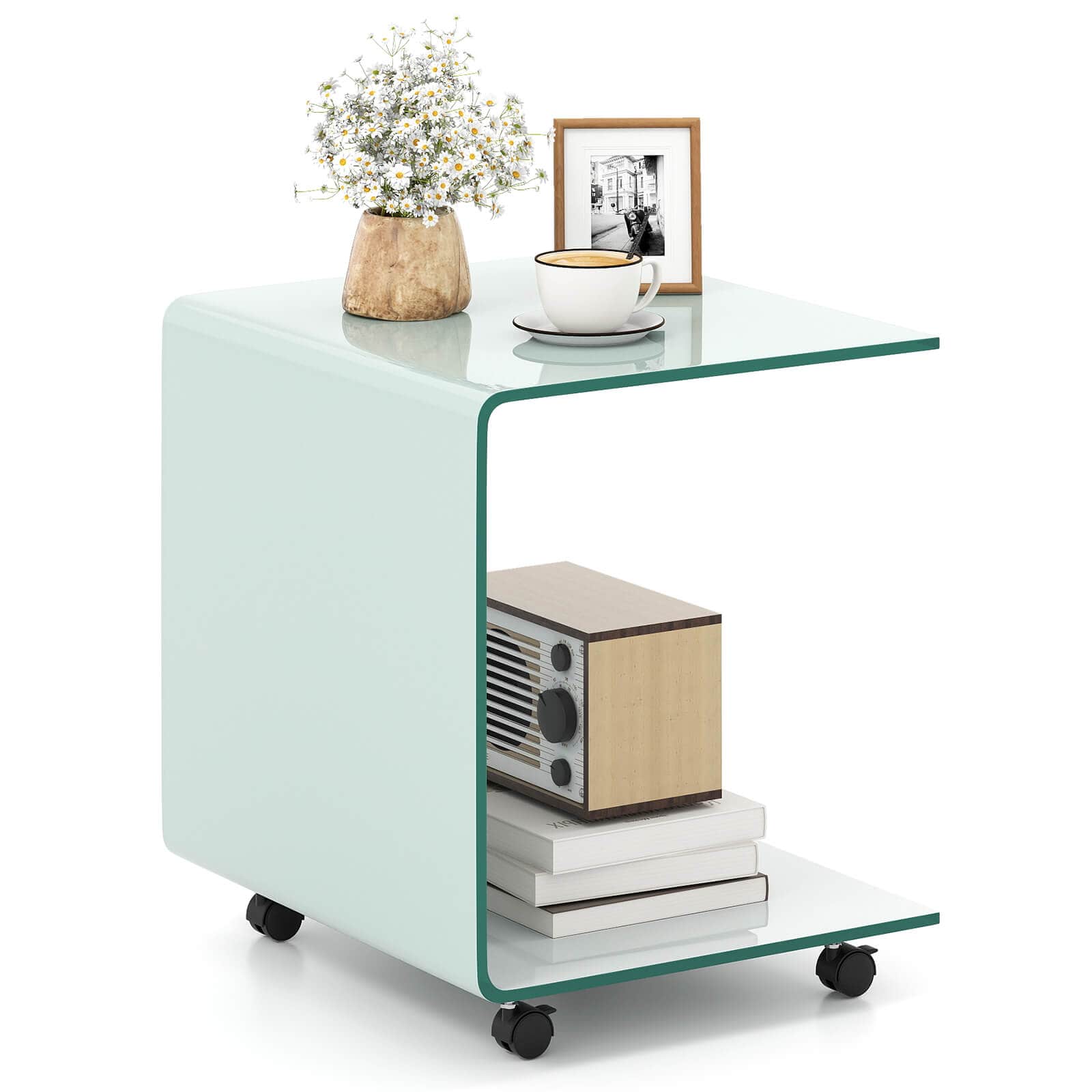 Costway - 1 PCS C-Shaped End Table with 2-tier shelf, 4 Swivel Lockable Wheels for Living Room - White