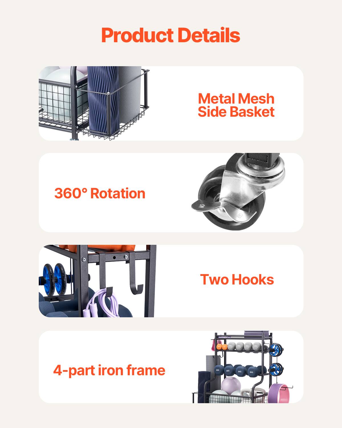 Product Details

- Metal Mesh Side Basket
- 360° Rotation
- Two Hooks
- 4-part iron frame