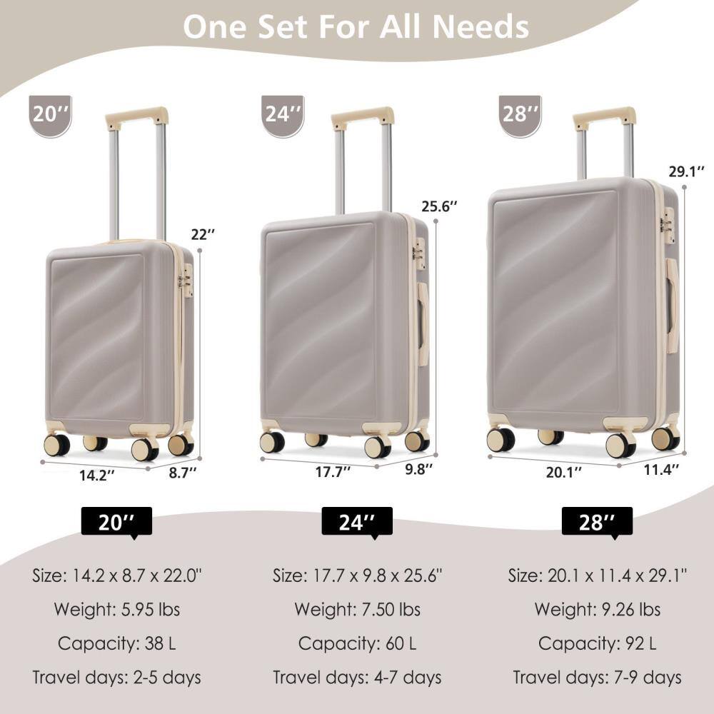 One Set For All Needs

20"
Size: 14.2" x 8.7" x 22.0"
Weight: 5.95 lbs
Capacity: 38 L
Travel days: 2-5 days

24"
Size: 17.7" x 9.8" x 25.6"
Weight: 7.50 lbs
Capacity: 60 L
Travel days: 4-7 days

28"
Size: 20.1" x 11.4" x 29.1"
Weight: 9.26 lbs
Capacity: 92 L
Travel days: 7-9 days