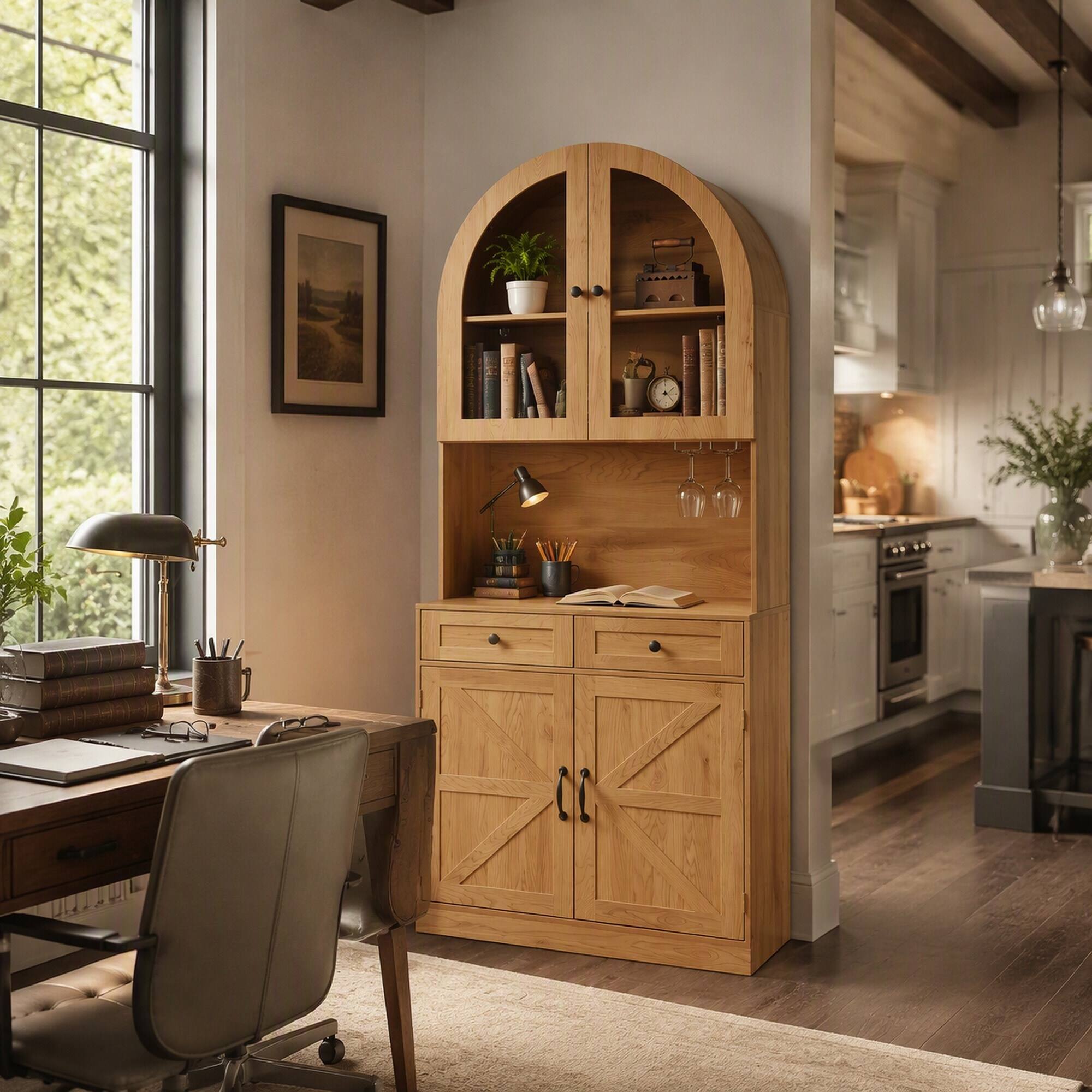 Back. RYHNUYNE - Freestanding 75 Inch Farmhouse Tall Arched Pantry Cabinet with Charging Station and Adjustable Shelves, Oak - Oak.