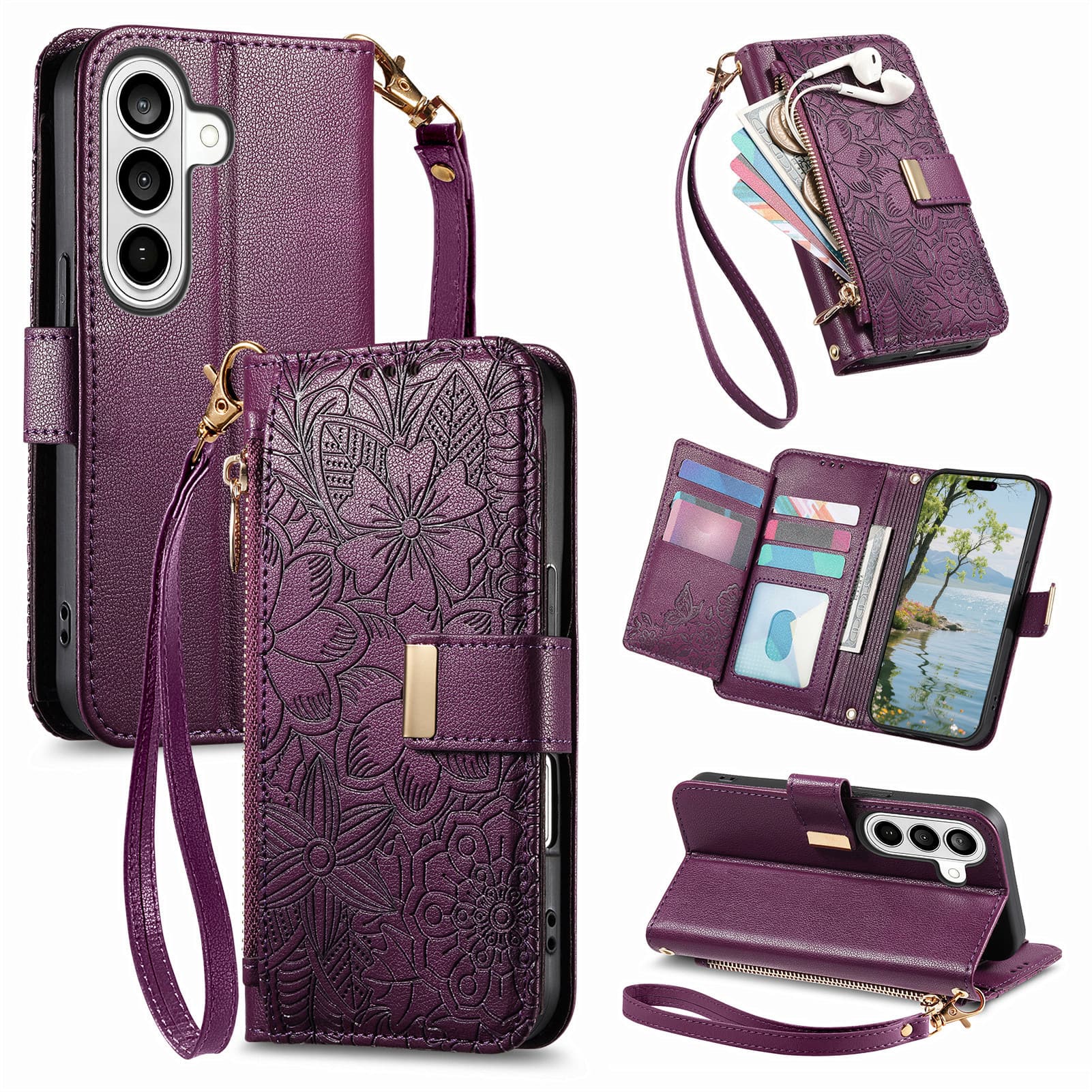UUCOVER - Floral PU Leather Wallet Case for Samsung Galaxy S26+ with Zipper Pocket, Cash Card Slot Holder, Shoulder & Wrist Strap - Purple price history on PriceWatchPro