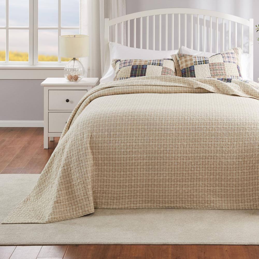 Alt View 4. Greenland Home Fashions - Greenland Home Fashions Oxford Plaid 100% Cotton Jumbo-Sized for Floor-Length Coverage Bedspread Set King/Cal King Taupe - Taupe.