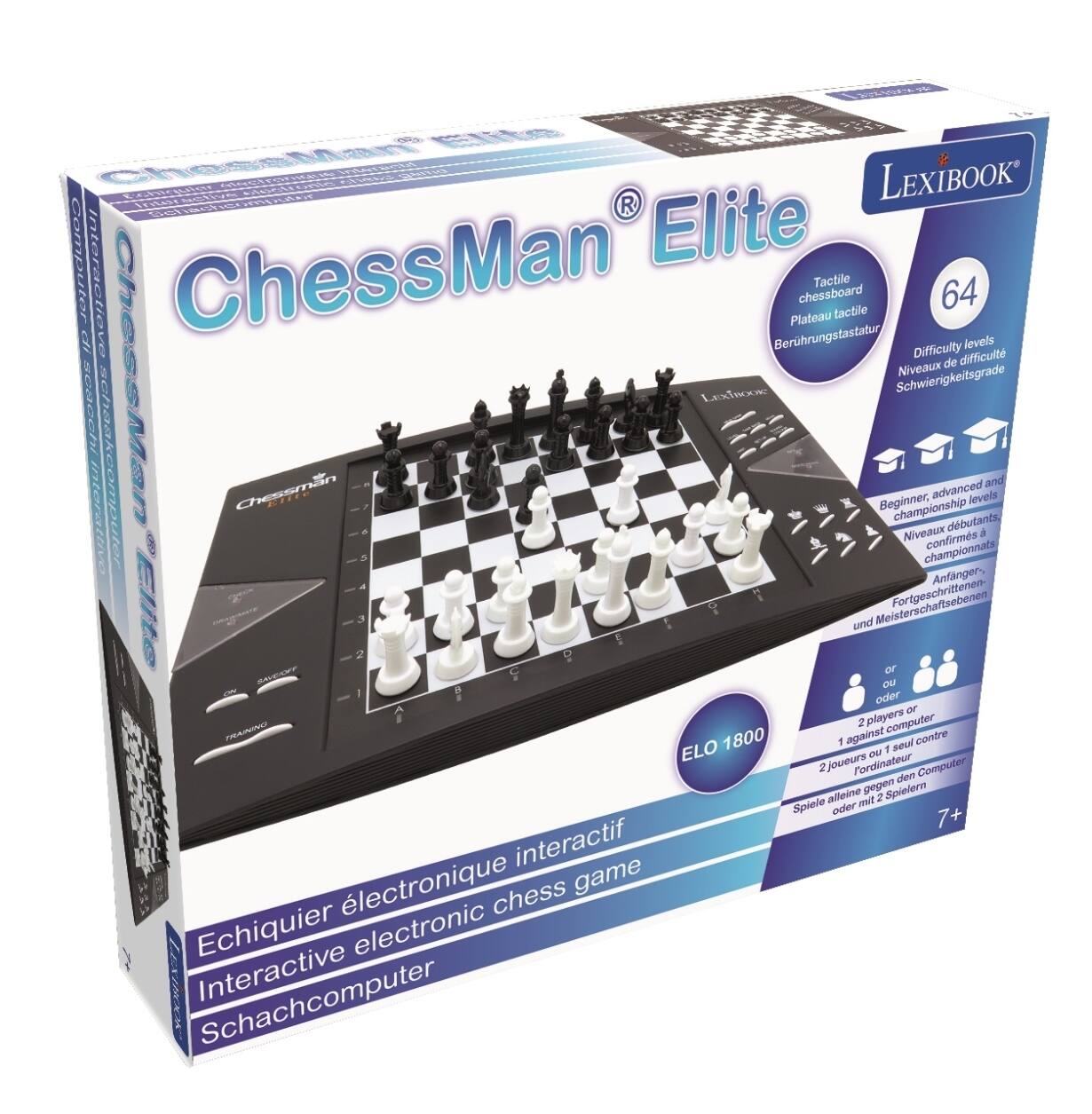 ChessMan Elite  
LexiBook L0 Computer  
Interactive electronic chess game  
Tactile chessboard  
64 Difficulty levels  
Beginner, advanced and championship levels  
2 players or 1 against computer  
ELO 1800  
7+