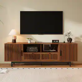 MERAVOM - Mid-Century Modern TV Stand for TVs Up to 85", Entertainment Center with 2 Storage Cabinets, 2 Drawers & 2 Open Shelves - Walnut