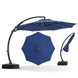 Costway - 11 FT Cantilever Patio Umbrella with Base, 360° Rotation & Tilt Adjustment for Yard - Navy