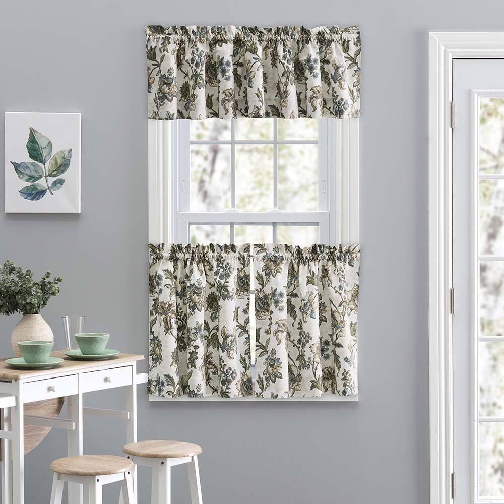Angle. Ellis Curtain - Ellis Curtain Madison Floral Design Printed Natural Ground 1.5" Rod Pocket Tailored Tier 56" x 24" Blue - Blue.