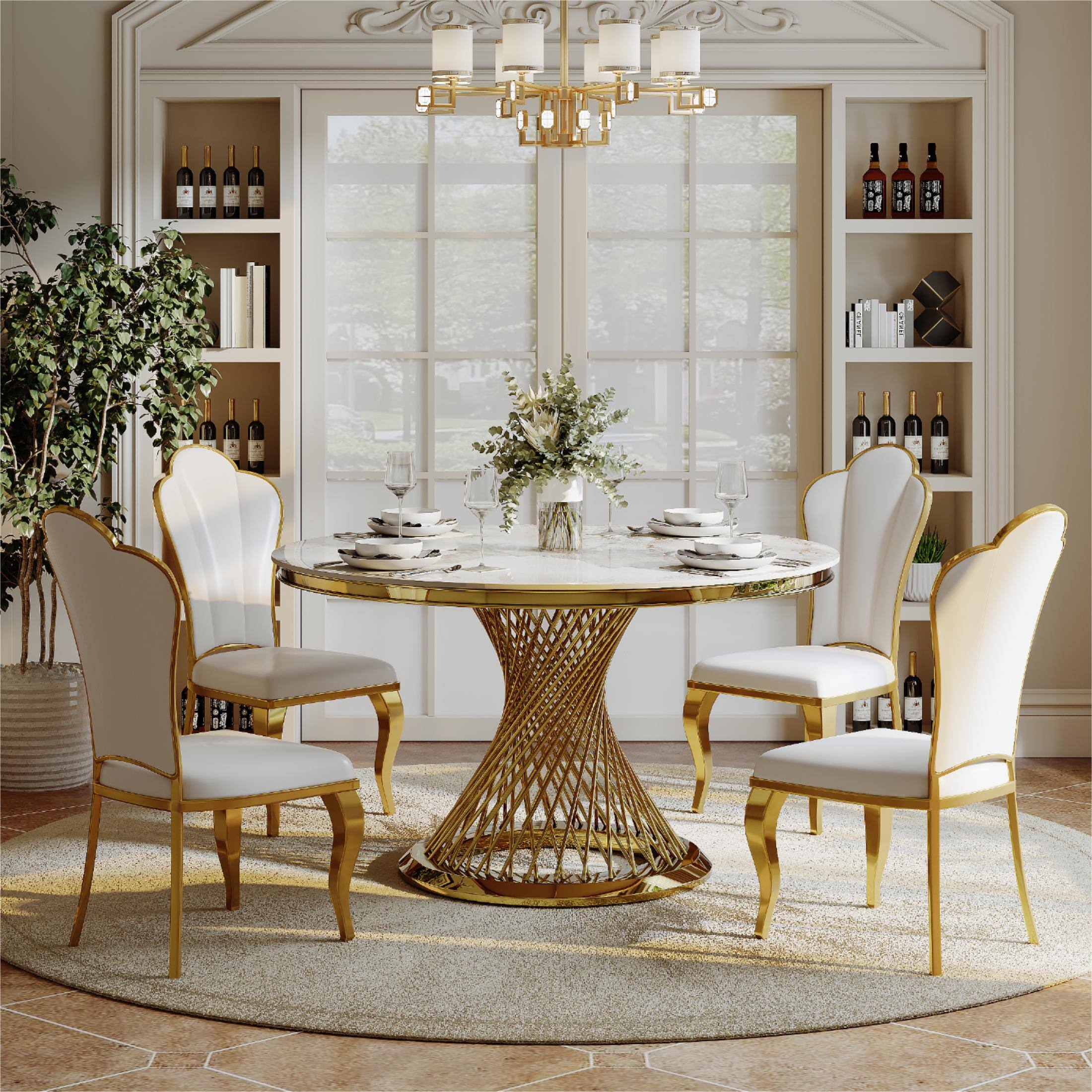 Angle. POVISON - Modern Luxury High Back Dining Chairs Set of 2, French Country Leather Side Chairs, Fully Assembled - White & Gold.