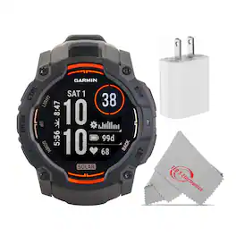 Garmin - Instinct 3 Solar Rugged Outdoor GPS Smartwatch - 50mm, Silicone Band (Charcoal) with USB Plug and Cleaning Cloth - Charcoal - (2025)