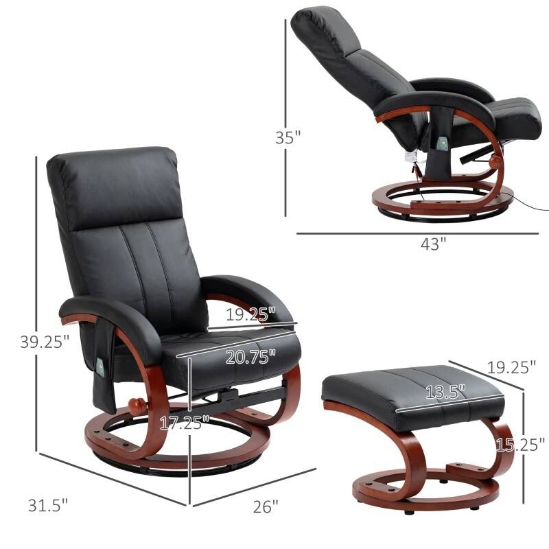 - Height: 35"
- Width: 43"
- Depth: 39.25"
- Seat Height: 19.25"
- Seat Width: 20.75"
- Armrest Height: 17.25"
- Backrest Height: 31.5"
- Base Diameter: 26"
- Footrest Height: 13.5"
- Footrest Width: 19.25"
- Footrest Depth: 15.25"