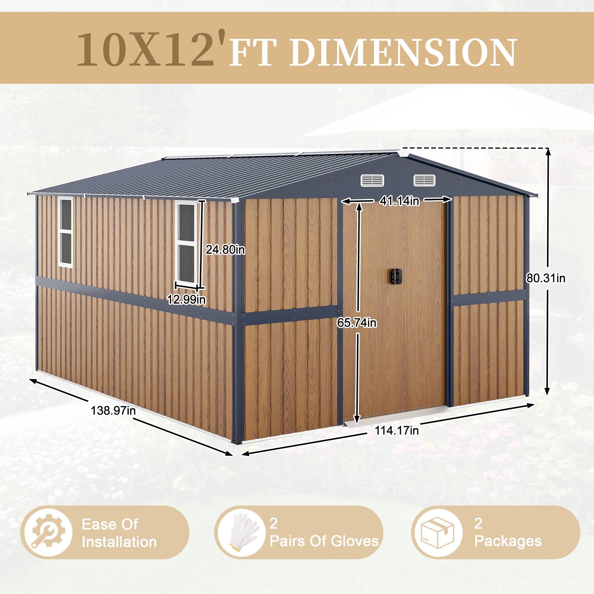 Alt View 2. TinyHomie - 10X12 FT Outdoor Steel Storage Shed with Lockable Doors 2 Windows Garden Shed Wood Panels and Frame Floor Not Included.