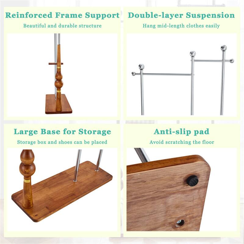 - Reinforced Frame Support
  - Beautiful and durable structure

- Double-layer Suspension
  - Hang mid-length clothes easily

- Large Base for Storage
  - Storage box and shoes can be placed

- Anti-slip pad
  - Avoid scratching the floor