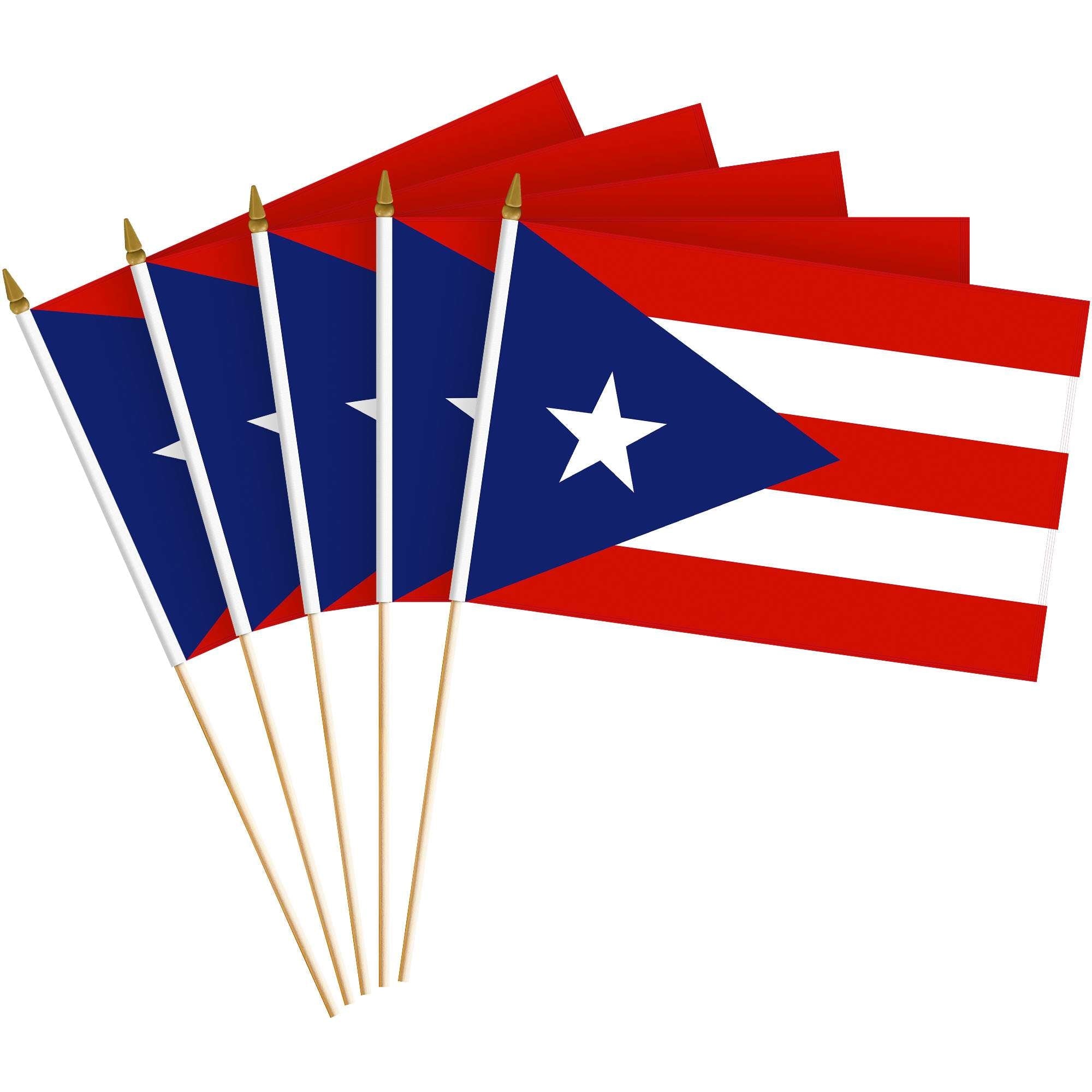 G128 - 50-Pack Puerto Rico Handheld Stick Flags, 8 x 12 in, 150D Polyester, Wooden Pole with Gold Tip - Red, White, Blue