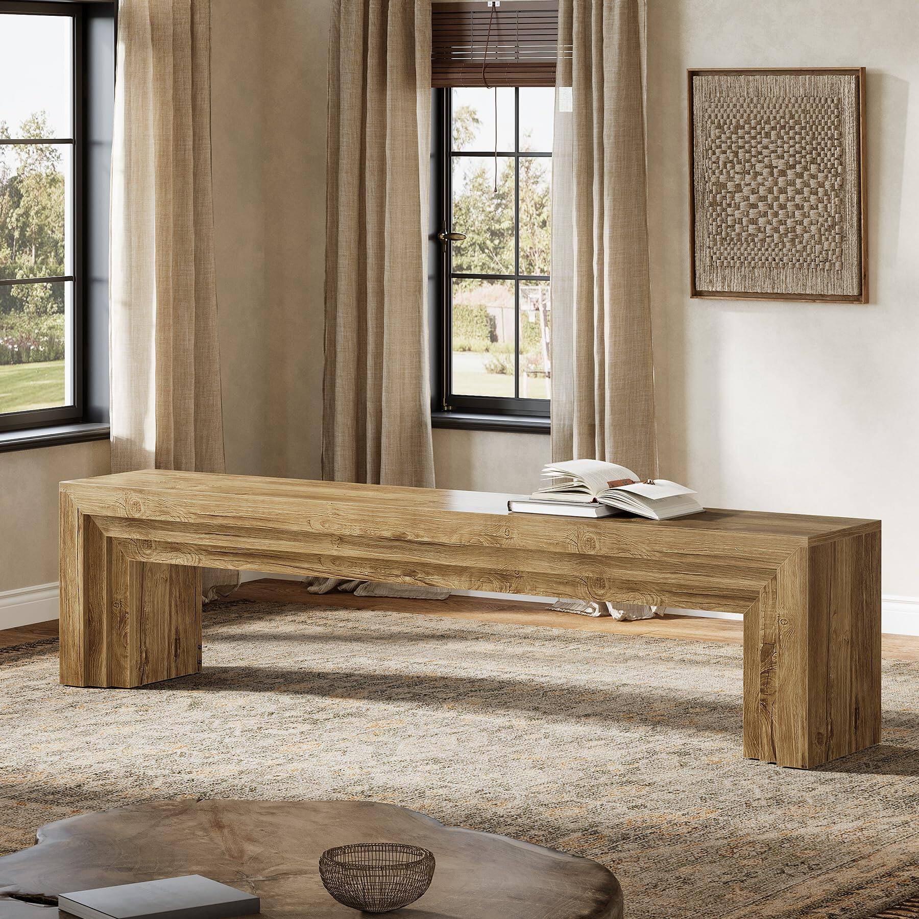 Alt View 1. Tribesigns - 71" Extra Long Entryway Bench, Farmhouse Bed Bench (Brown) - Brown.
