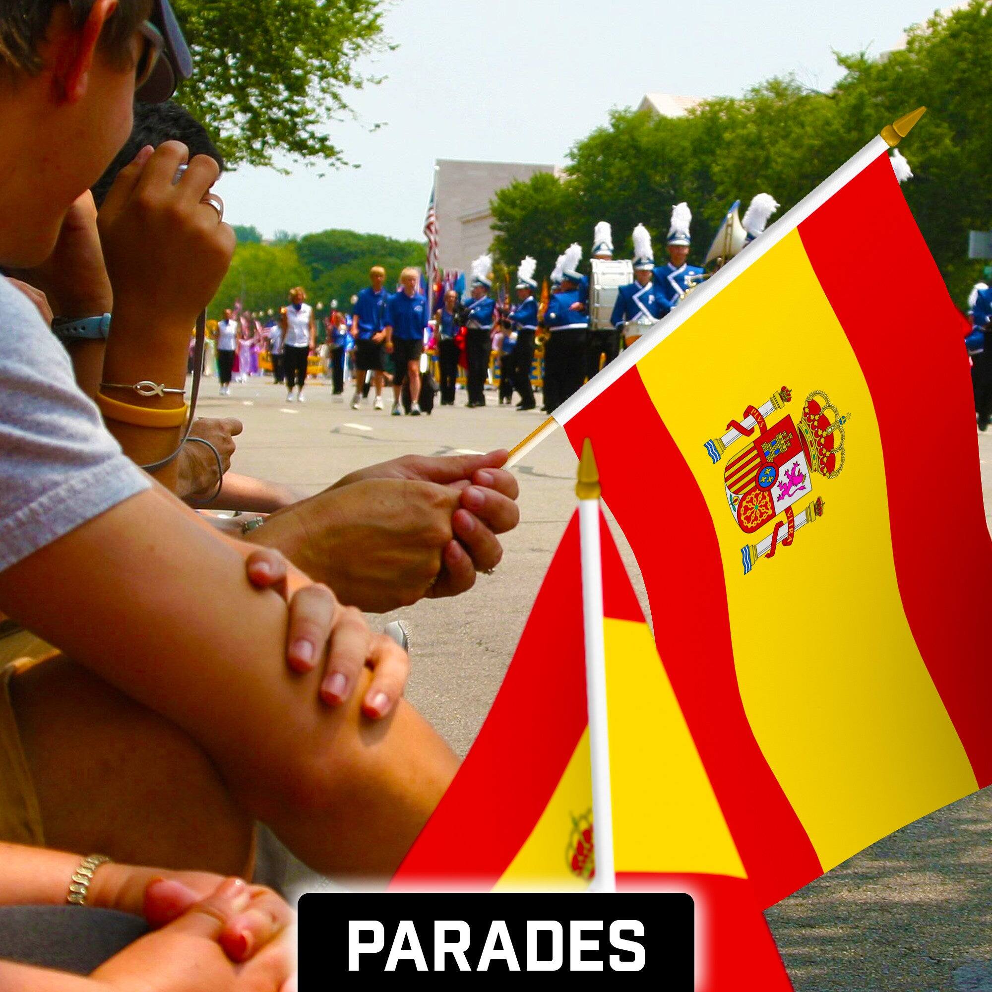 Alt View 1. G128 - 30-Pack Handheld Spain Flags — 12" x 18" 150D Polyester with Wooden Pole and Gold Spear Tip. - Assorted Colors.