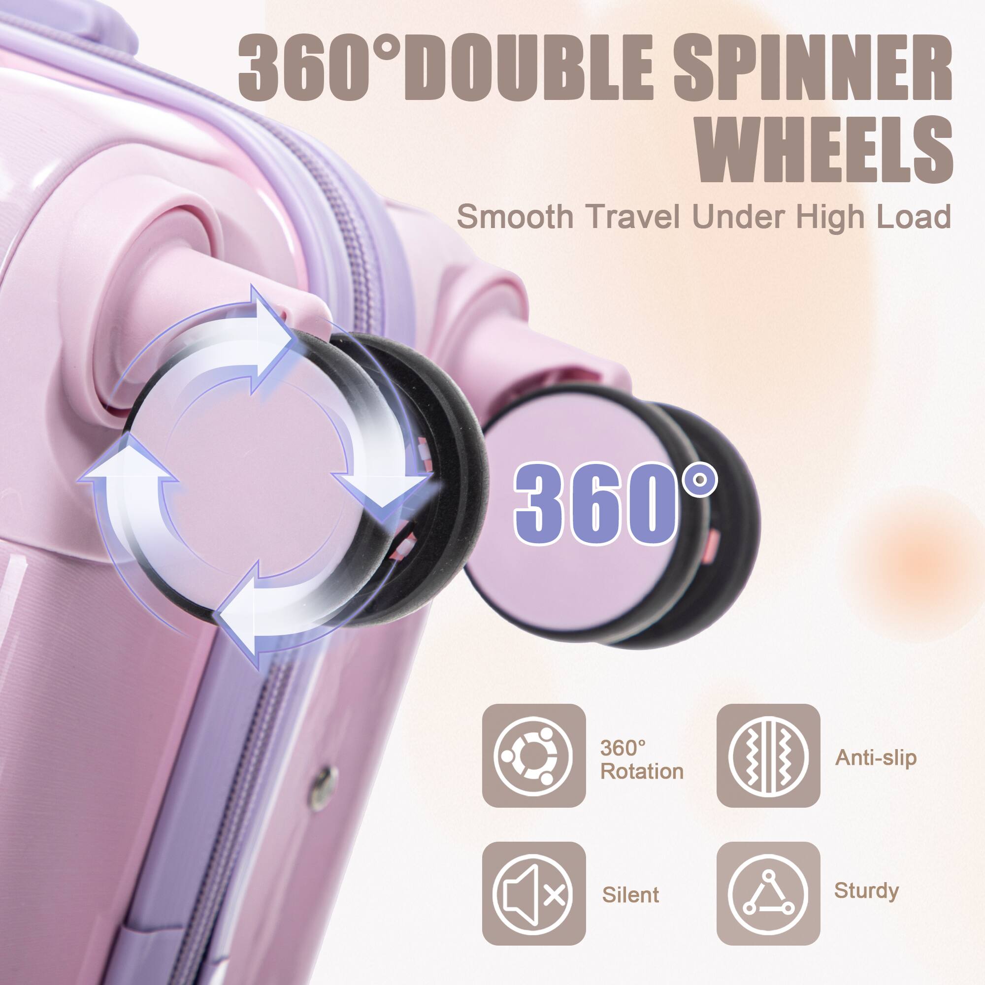360° DOUBLE SPINNER WHEELS  
Smooth Travel Under High Load  

360° Rotation  
Anti-slip  
Silent  
Sturdy