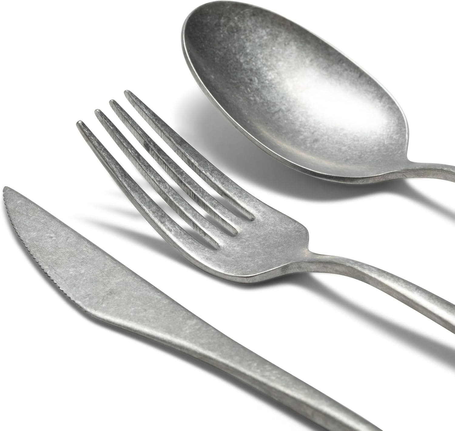 Angle. Larder & Vine - 20-Piece Vintage Flatware Set for 4, Made in Portugal from 18/10 Stainless Steel - Vintage Silver.
