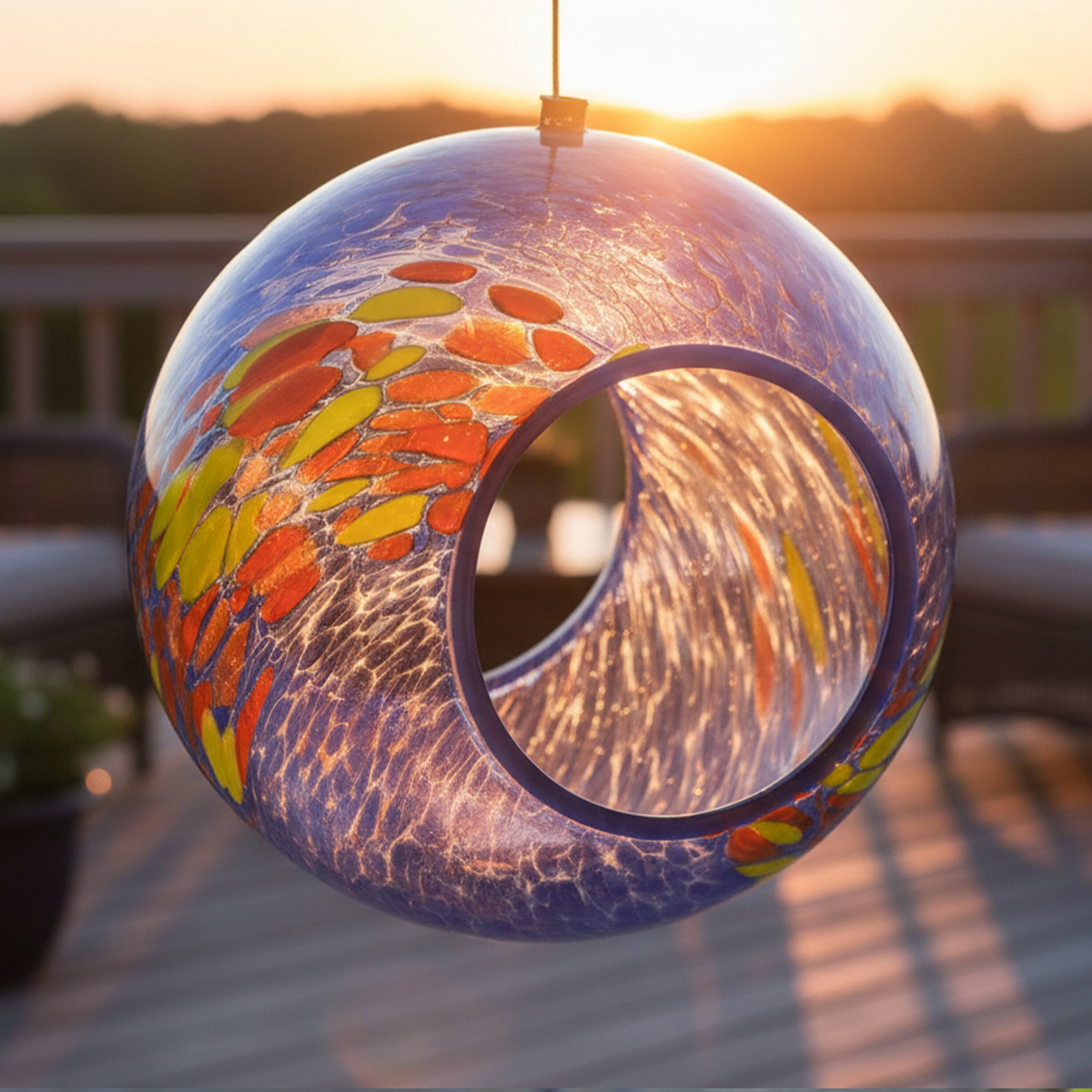Alt View 1. Sunnydaze - Solar Glass Fly-Through Hanging Bird Feeder - 6" - Fire and Ice.