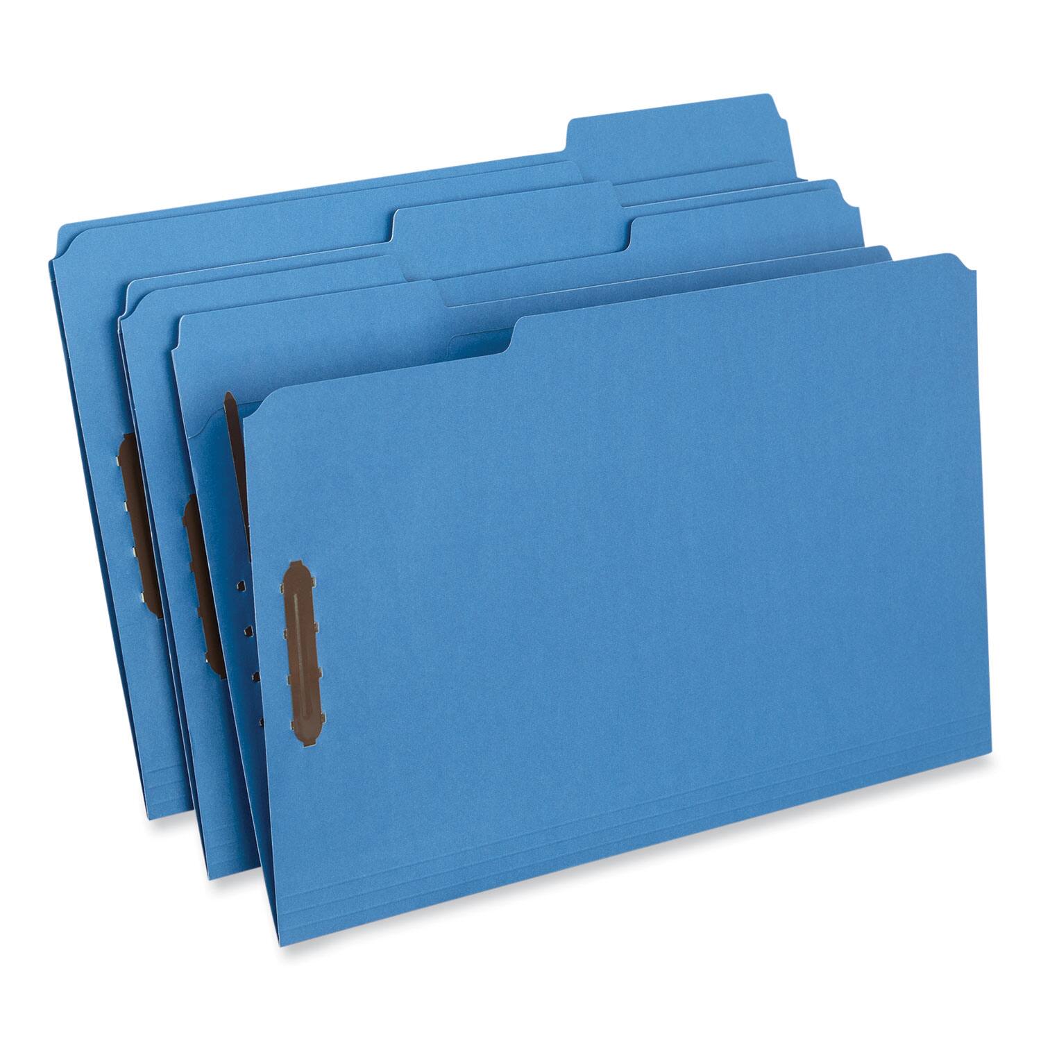 Angle. Universal - Deluxe Reinforced Top Tab Fastener Folders, 0.75" Expansion, 2 Fasteners, Legal Size, Blue Exterior, 50/Box.