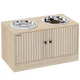 PULUZ - Elevated Dog Bowls with Storage Cabinet, 2 Stainless Steel Bowls, Slow Feeder, Dog Feeding Station for Large Dogs - Oak