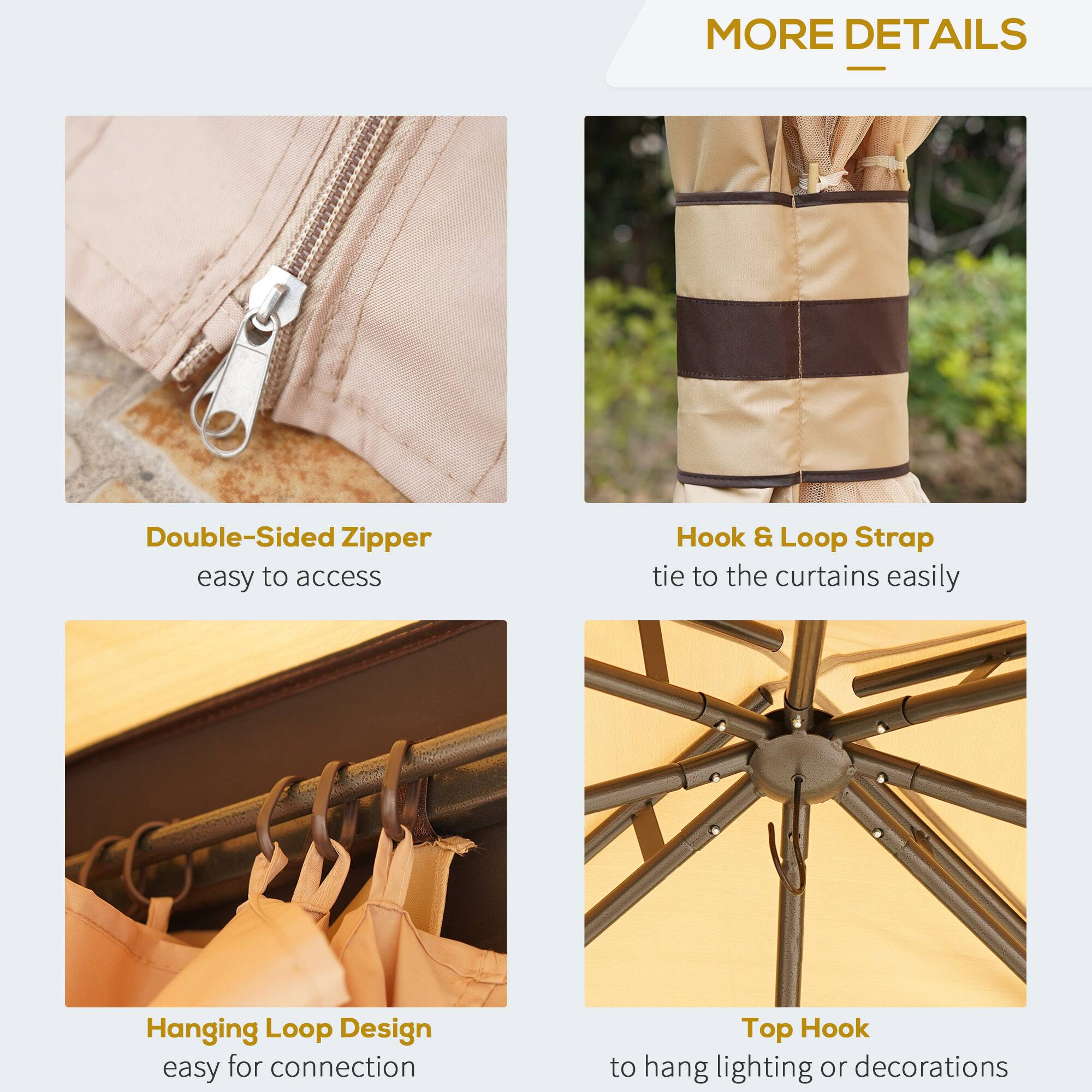 MORE DETAILS

Double-Sided Zipper - easy to access
Hook & Loop Strap - tie to the curtains easily
Hanging Loop Design - easy for connection
Top Hook - to hang lighting or decorations