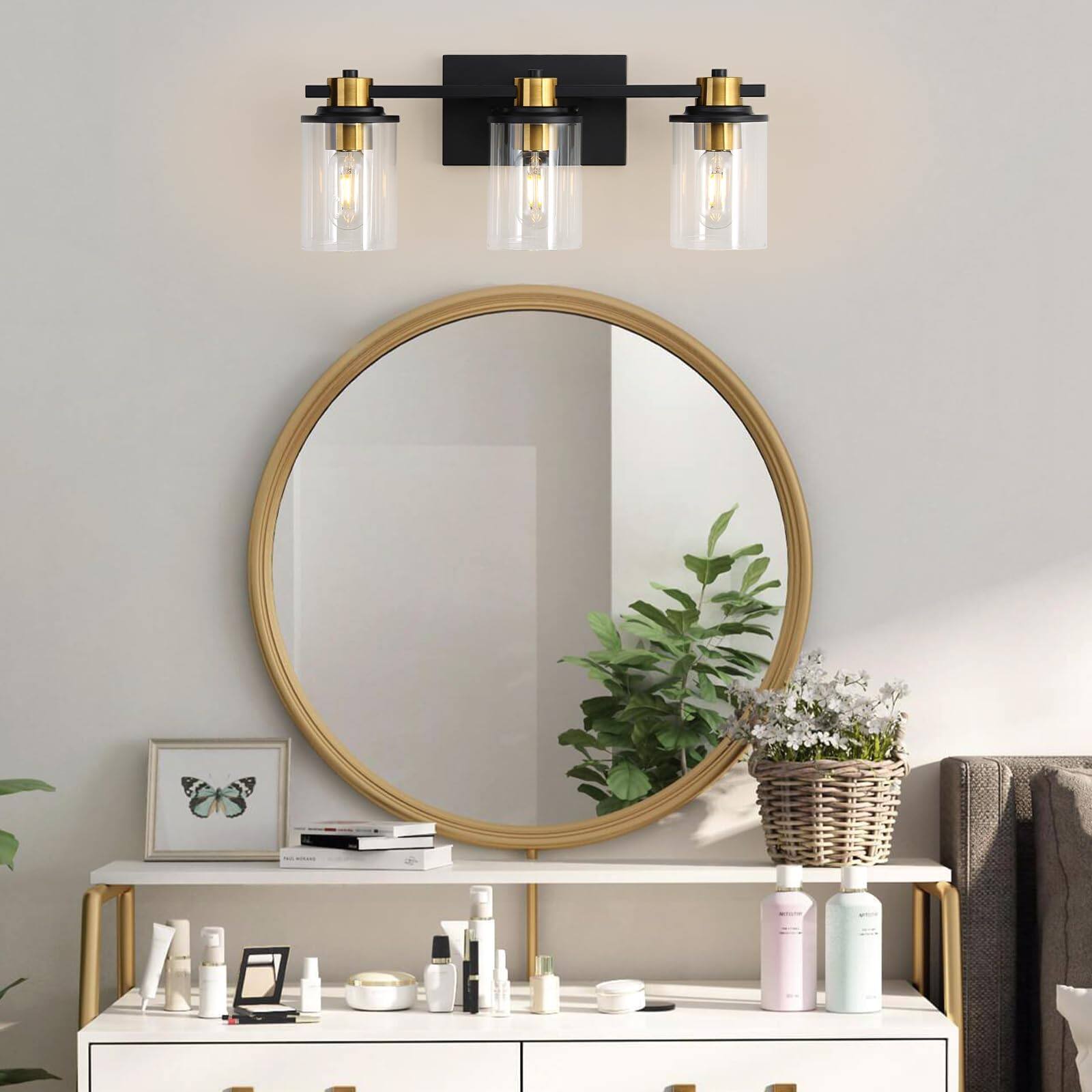 Back. Dazzling Pops - Bathroom Lighting Fixtures And Light Vanity Over Mirror With Clear Glass Shades Brushed Socket Wall For Bed - Black and Gold 3 Light.