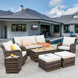 Yardgrace - 7 Pieces Patio Conversation Set Patio Sectional Furniture Set with 2 Swivel Rocker Chair & Sofa 2 Ottomans and Table - Brown