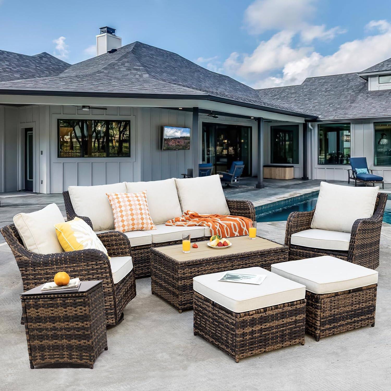 Front. Yardgrace - 7-Piece Patio Conversation Set: 2 Swivel Rocker Chairs, Sofa, 2 Ottomans & Coffee Table, Outdoor Sectional - Brown.