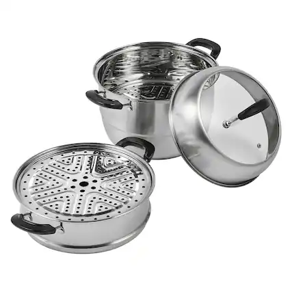 Front. VEVOR - Steamer Pot 11in/28cm, 3 Tier Steamer Pot for Cooking with 8.5QT Stock Pot, Vegetable Steamer & 2 Steaming Tray - Silver.