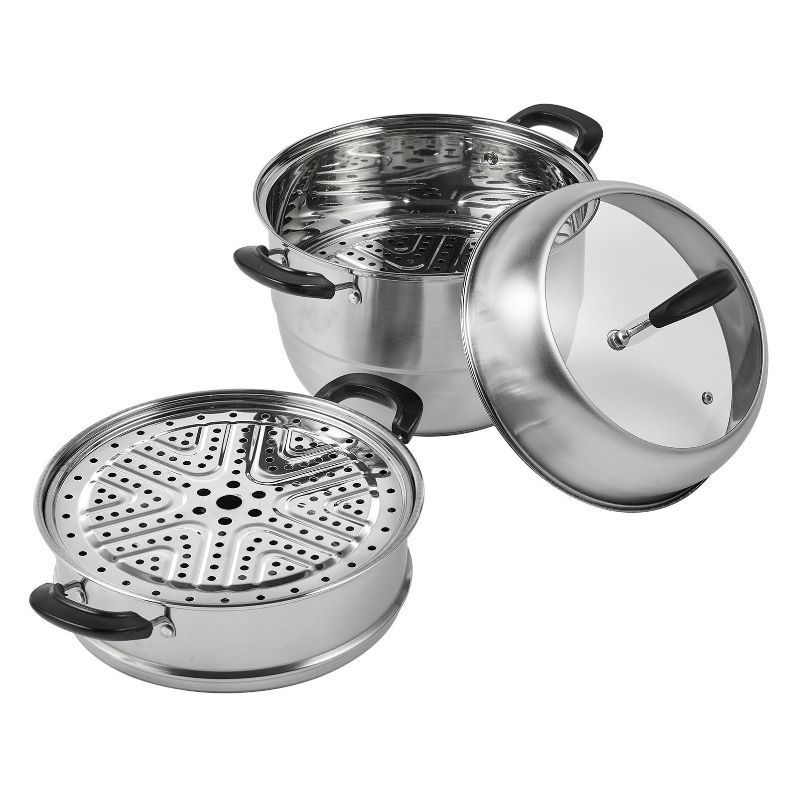 Front. VEVOR - Steamer Pot 11in/28cm, 3 Tier Steamer Pot for Cooking with 8.5QT Stock Pot, Vegetable Steamer & 2 Steaming Tray - Silver.